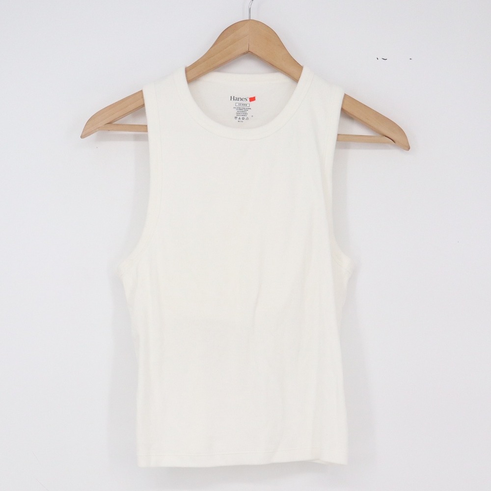 Hanes Tank Top Womens M Racerback White Ribbed High Neck Excellent